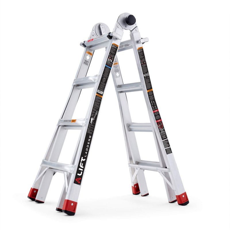 Lift Ladders 18 Foot Reach Adjustable 5 in 1 Multi Position Lightweight Aluminum Hinge Step Ladder with Armored J Locks and 375 Pound Capacity, Silver, 1 of 7