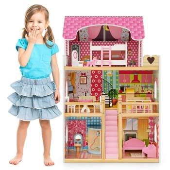 Costway Wooden Dollhouse for Kids Doll House Playset with 3 Stories 6 Simulated Rooms & 15 Pieces of Furniture