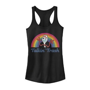 Juniors Womens Toy Story Forky Talkin' Trash Rainbow Racerback Tank Top - 1 of 4