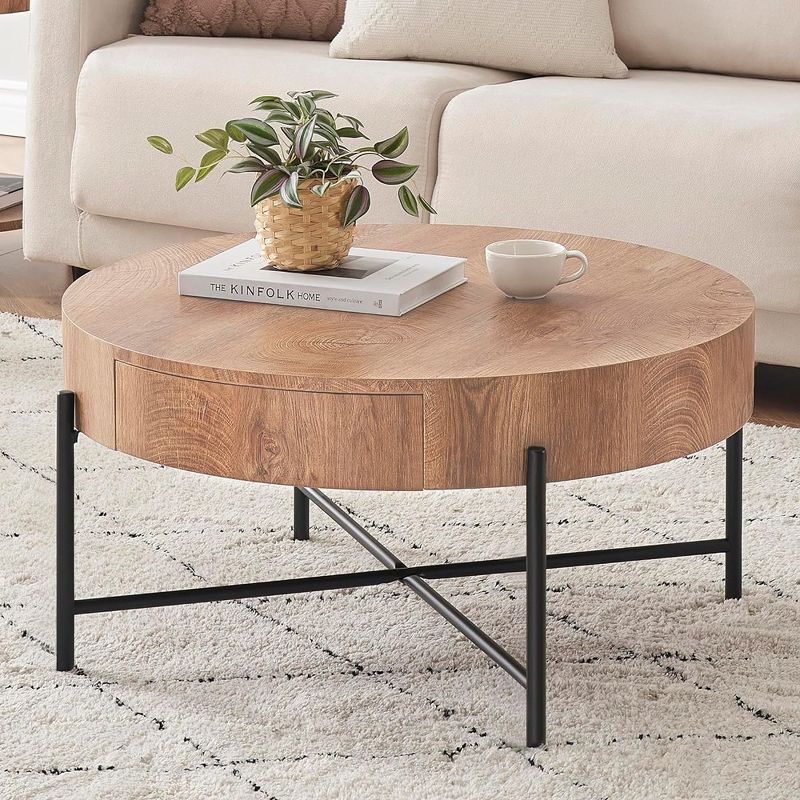 Whizmax Farmhouse Round Coffee Table Solid Wood Center Table with Two Drawers, Brown, 1 of 10