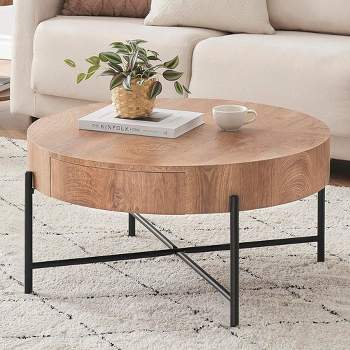 Whizmax Farmhouse Round Coffee Table Solid Wood Center Table with Two Drawers, Brown