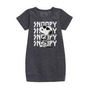 - Peanuts - Snoopy Rock Name Repeat Graphic Short Sleeve Fleece Dress - 1 of 4