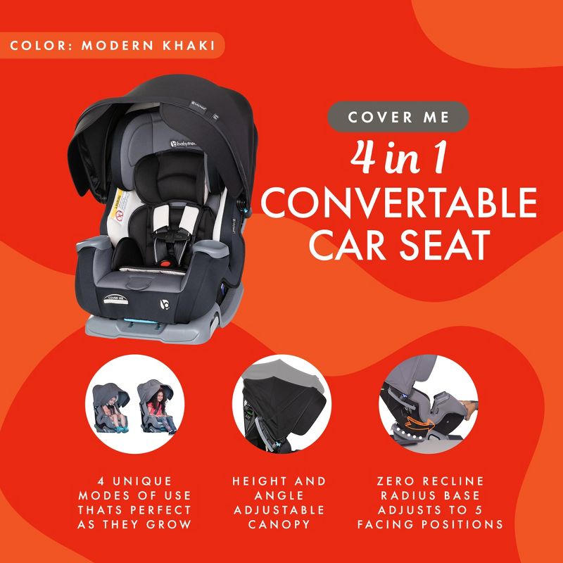 Baby Trend Cover Me 4-in-1 Infant Toddler Convertible Car Seat with Adjustable/Removable Canopy for Sun Protection & 2 Cup Holders, Modern Khaki, 4 of 8
