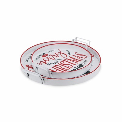 HomeRoots Set of Two White Round Metal Christmas Handmade Serving Tray With Handles
