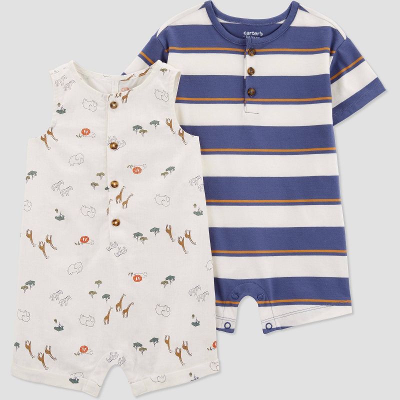 Carter's Just One You® Baby Boys' 2pk Floral Striped Romper Set - White/Blue, 1 of 5
