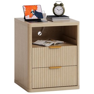 RONSHIN Fluted Nightstand with Charging Station, 2/3 Drawers Storage, Metal Handles & Rounded Corners for Safety, Side Table for Bedroom Living Room - 1 of 4