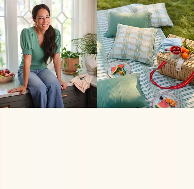 Left: Joanna Gaines sitting on counter top
Right: Spring picnic