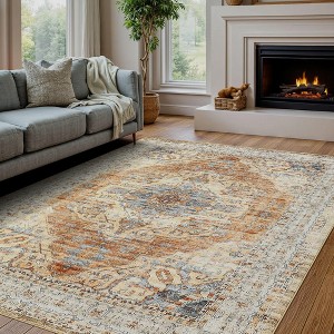 Bedroom/Living Room/Kitchen Indoor Rug - Vintage Oriental Medallion Washable Non-Slip Carpet, Soft Low Pile Distressed Accent Mat - 1 of 4