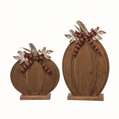 Transpac MDF Pumpkin w/Plaid Bow Set of 2 Fall/Harvest Home Decorations
