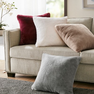 Gray Faux Fur Square Throw Pillow with Polyfill
