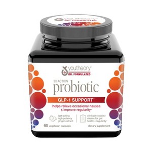 Youtheory 2X Action Probiotic – GLP-1 Support, clinically studied probiotic with prebiotic fiber & ginger, gluten/soy free, 60 vegetarian capsules - 1 of 4