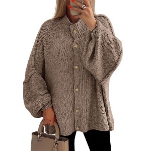 Women's Winter Button Down Cardigan Sweaters Mock Neck Lantern Long Sleeve Chunky Knit Jacket Trendy Outerwear - 1 of 4