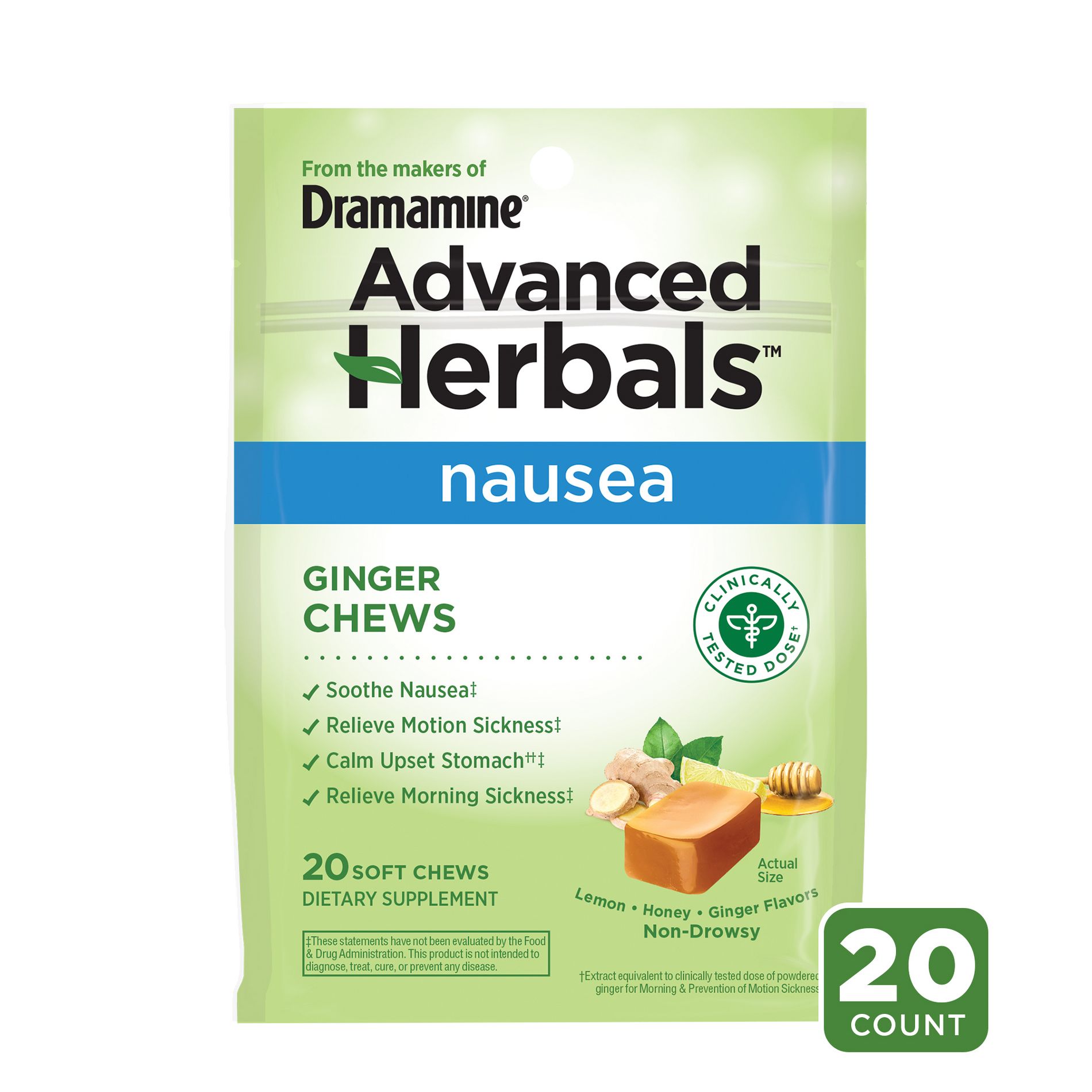 Dramamine Advanced Herbals Nausea, Morning Sickness Relief Soft Ginger Chews - 20ct