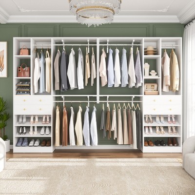Aheaplus 117.8" Closet System with Wood Drawers, Shoe Racks, Hanging Rods