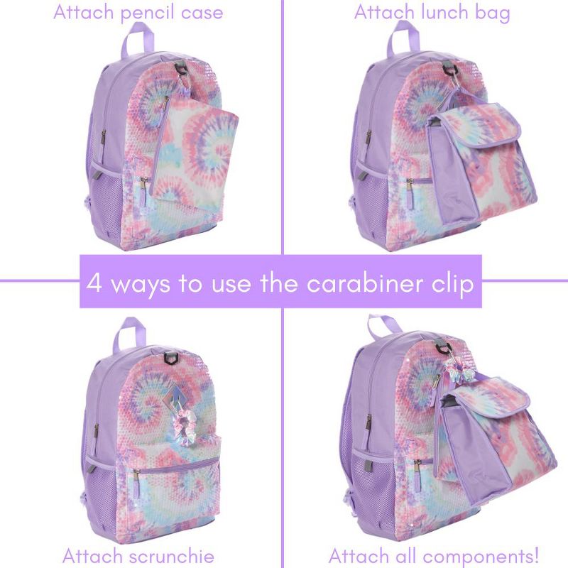 CLUB LIBBY LU Sequin Tie Dye Backpack Set for Girls, 16 inch, 6 Pieces - Includes Foldable Lunch Bag, Water Bottle, Scrunchie, & Pencil Case, 4 of 10