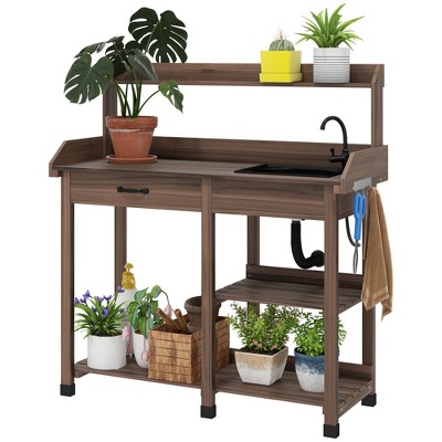 Outsunny Potting Bench Table, Includes Removable Outdoor Sink Station with Hose Hook Up, Wooden Work Station with Faucet, Drawer