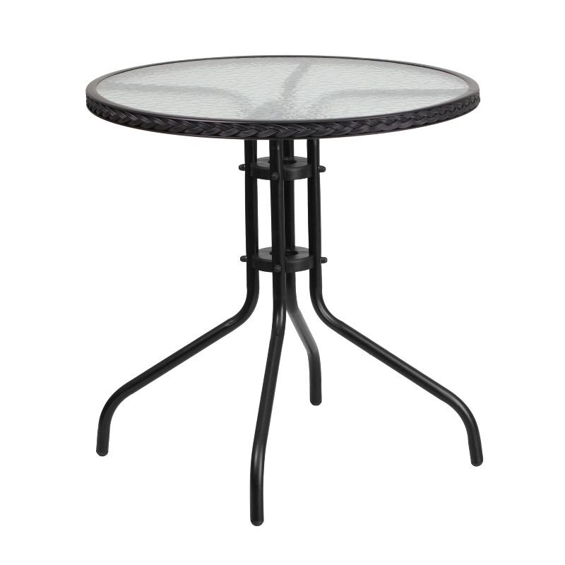 Emma and Oliver 28" Round Tempered Glass Metal Table with Rattan Edging, 1 of 8