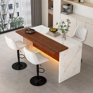 Modern Black Kitchen Island Dining Table with LED Lights and 2 Brown Bar Stools, Faux Marble Counter Height Set for Eat-in Kitchen-3irtyhousy - 1 of 4