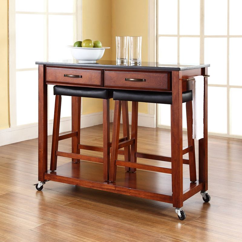 Granite Top Kitchen Prep Cart with 2 Upholstered Saddle Stools - Crosley, 4 of 10