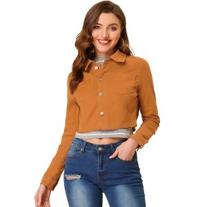 Allegra K Women's Turn Down Frayed Button Down Washed Cropped Denim Jacket - 1 of 4