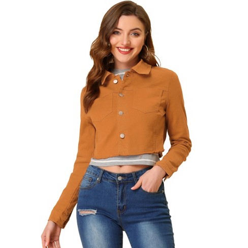 Unique Bargains Women's Button Down Collarless Long Sleeve Cropped Denim  Jacket 