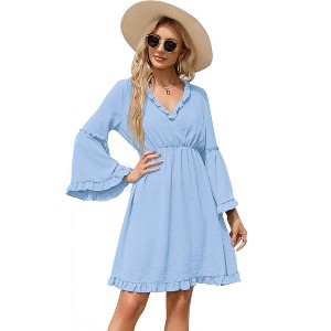 Clearlove Women V Neck Ruffle Bell Sleeve Summer Mini Dresses - 1 of 4