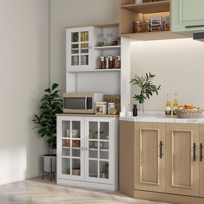 White and Light Wood Kitchen Hutch with Glass Doors