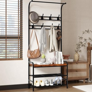 WhizMax Hall Tree Shoe Bench for Entryway, Rustic, 8 Hooks, 3 Shelves - 1 of 4