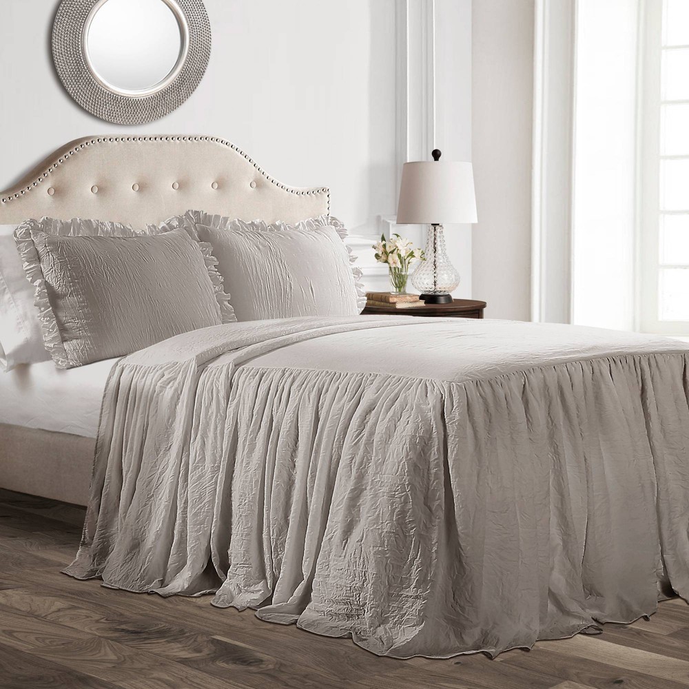 Photos - Bed Linen 3pc California King Ruffle Skirt Bedspread & Sham Set Gray - Lush Décor