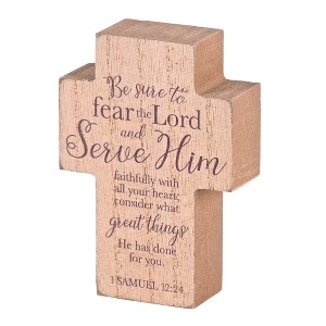 Dicksons TPLKC34-104 Fear And Serve Him Faithfully Natural Brown Distressed 4 x 3 Inch MDF Decorative Tabletop Sign Plaque - 1 of 3