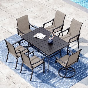 Captiva Designs 7pc Patio Outdoor Dining Rectangle Steel Table with Umbrella Hole & Brown Textilene Arm Chairs - 1 of 4
