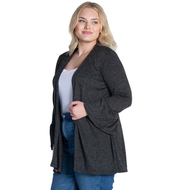 Womens Plus Size Knit Three Quarter Bell Sleeve Open Cardigan, 2 of 5