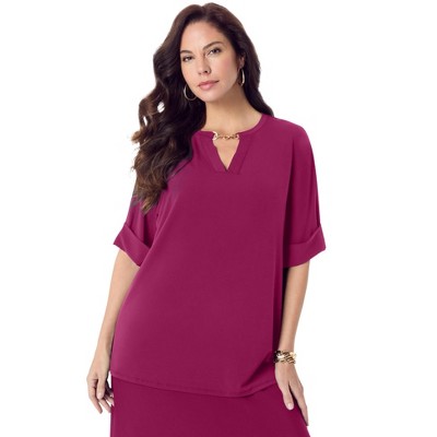 Roaman's Women's Plus Size Ultrasmooth Fabric V Neck Tee With Chain Detail
