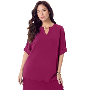 Roaman's Women's Plus Size Ultrasmooth Fabric V Neck Tee With Chain Detail - 1 of 4