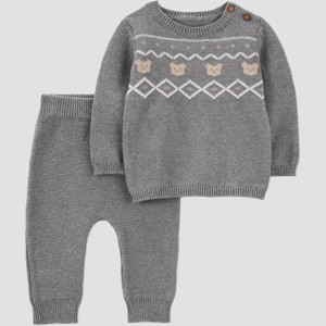 Carter's Just One® You Baby Boys' 3pc Bear Fair Isle Sweater and Pants Set - Gray - 1 of 3