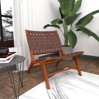Handcrafted Brown Leather and Wood Slipper Chair