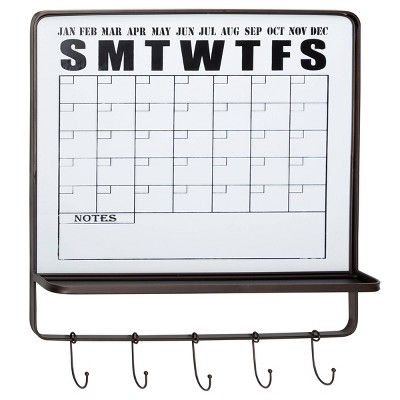24" x 26" Contemporary Style Dry Erase Board Yearly Calendar Wall Decor with 5 Hooks and Shelf Black/White - Olivia & May
