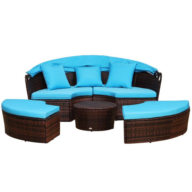 Outdoor Patio Round Daybed with Retractable Canopy, 4-Piece Wicker Clamshell Sectional Sofa with Cushions & Ottoman Table, Blue, 5 of 8