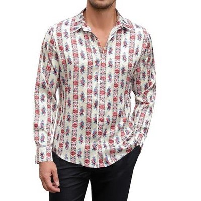 Mens Floral Dress Shirts Long Sleeve Casual Flower Printed Button Down Shirt