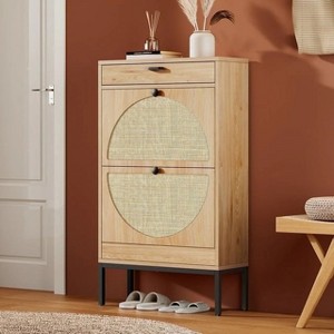 Brafabhome Narrow Shoe Storage Cabinet with 2 Flip Drawers, Rattan Floor Shoe Holder with Shelves & Sturdy Metal Legs for Entryway | 12 Pairs - 1 of 4