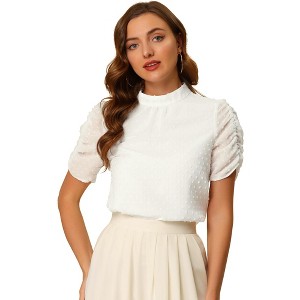 Allegra K Women's Elegant Swiss Dots Puff Short Sleeves Stand Collar Chiffon Blouse - 1 of 4