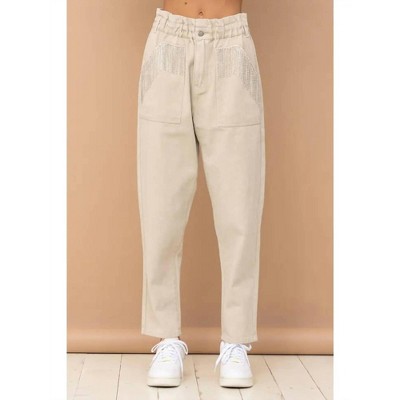 Women's Washed Twill Denim Rhinestone Pocket Fringe Pants - Blue B