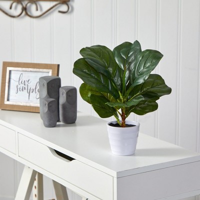 11'' Green Faux Fiddle Leaf Fig in White Plastic Planter