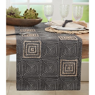 Black and Beige Embroidered Maze Cotton Table Runner
