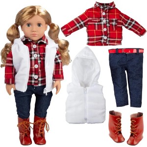Dress Along Dolly Outdoor Fall Winter Hiking 4pc Doll Outfit- Includes Flannel Shirt, Vest, Jeans w Belt & Boots-  Compatible w 18" American Girl Doll - 1 of 4