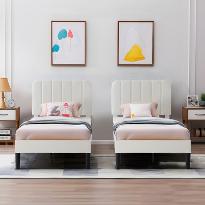 VECELO Upholstered Bed Frame with Adjustable Velvet Headboard, Wooden Slats Support, Bed Frame White Twin Bed Set of 2