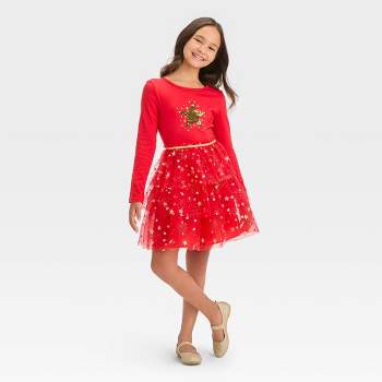 Girls' Long Sleeve Star Tiered Tulle Dress - Cat & Jack™ Red