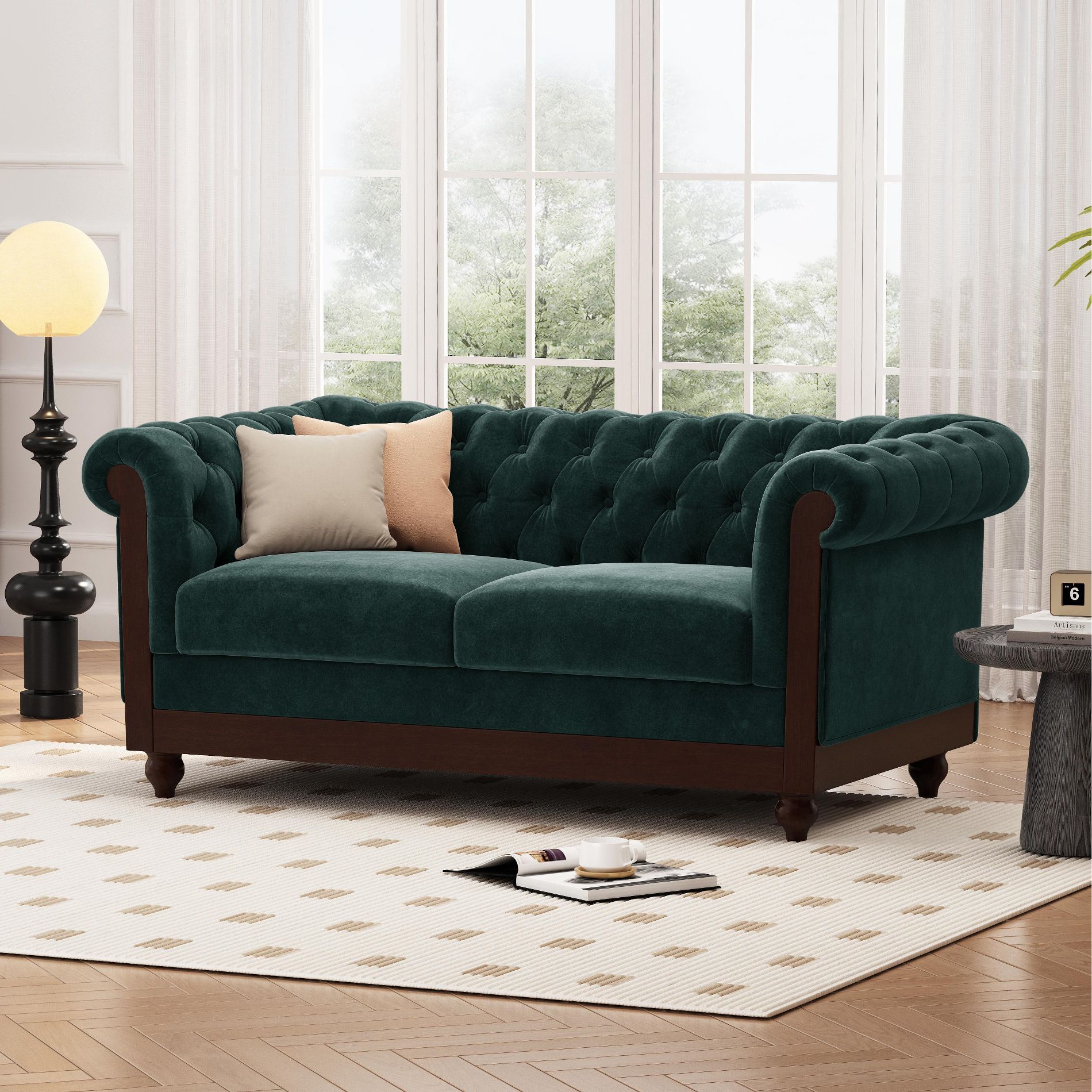 59"W Chesterfield Velvet Loveseat Sofa, Upholstered Sofa Couch with Rolled Arm Dutch and Tufted Button, Dark Green - Christopher Knight Home