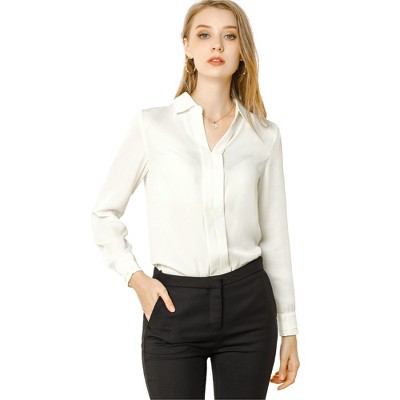 Allegra K Women's Elegant V Neck Long Sleeve Office Work Satin Blouse ...