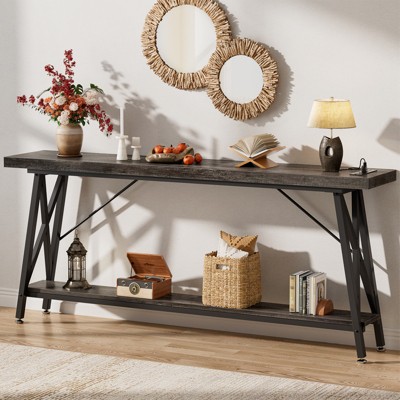Aheaplus 71'' Console Table with Charging Station, Industrial Metal Frame Sofa Table with Storage Shelf